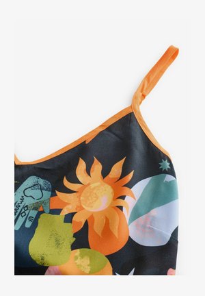 Maiou multicolor cu o margine portocalie, având un model floral și abstract pe un fundal negru. Bretele subțiri pentru umeri.