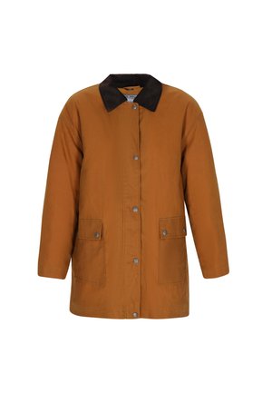 Veste d'extérieur marron avec un col noir, fermeture à boutons-pression, deux poches avant et une coupe décontractée. Texture de tissu lisse.