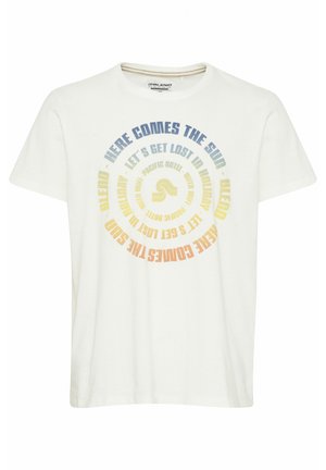 White cotton t-shirt with a round graphic design featuring multicolored text in blue, yellow, and orange shades. Short sleeves, crew neck.