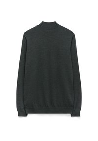 Maglione grigio scuro a maniche lunghe con collo alto. Tessuto morbido con orlo e polsini aderenti. Colore semplice e uniforme senza motivi né dettagli.