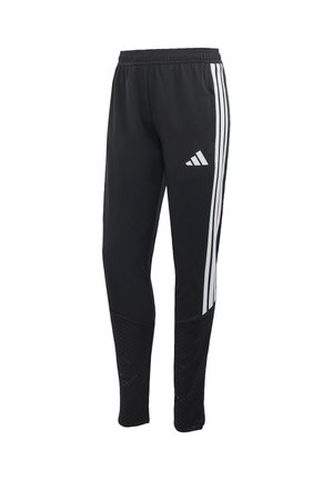 Czarne sportowe spodnie z elastycznym pasem, białymi bocznymi paskami, logo Adidas na udzie oraz panelami z teksturowanej tkaniny na dolnych partiach nóg.