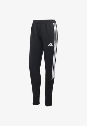 Czarne sportowe spodnie z elastycznym pasem, białymi bocznymi paskami, logo Adidas na udzie oraz panelami z teksturowanej tkaniny na dolnych partiach nóg.