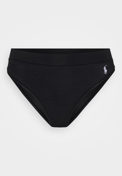 Black cotton bikini briefs with a seamless design, wide waistband, and small embroidered logo on the left side. Smooth texture.