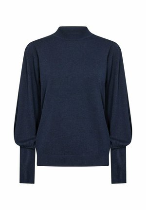 Navyblauw, lange mouwen pullover met een hoge kraag. Getextureerde brei stof en geribde manchetten, met licht opgeblazen mouwen.