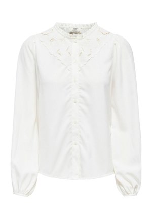 Blusa bianca a maniche lunghe con chiusura a bottoni, dettagli in pizzo sulla parte superiore del petto e polsini e scollatura arricciati.