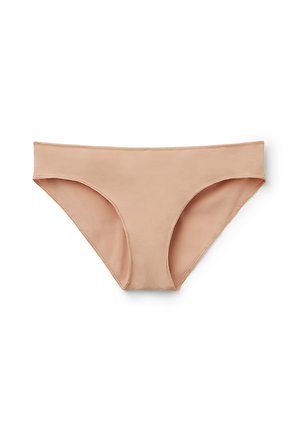 Nude nahtlose Bikini-Unterwäsche aus glattem Stoff mit minimalistischem Design und moderater Abdeckung. Sie verfügt über eine niedrige Taillenlinie und elastische Kanten.