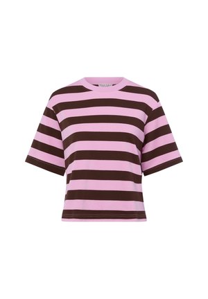 Short-sleeve, crew neck T-shirt with wide horizontal pink and dark brown stripes on a plain background.