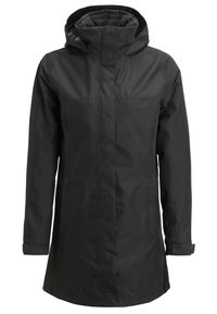 Černý dlouhý deštník s kapucí, přední zip zakrytý légu a nastavitelnými manžetami na dlouhých rukávech.