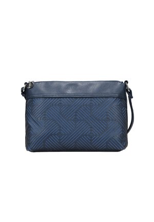 Bolso cruzado azul marino hecho de cuero con un patrón tejido texturizado. Presenta un cierre de cremallera y una correa ajustable.