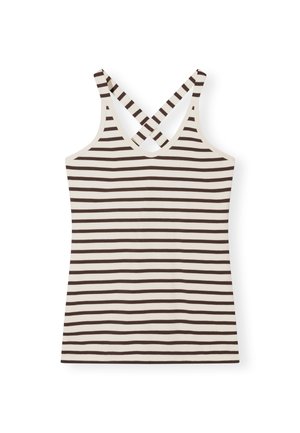Strap tank top with a crisscross back design, featuring alternating brown and cream horizontal stripes and a smooth cotton texture.