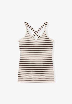 Strop-trøje med crisscross rygdesign, der har skiftende brune og cremefarvede vandrette striber samt en glat bomuldsstruktur.