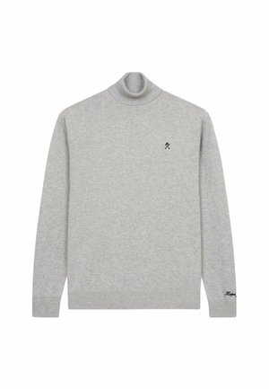 Maglione grigio chiaro a collo alto realizzato in tessuto morbido, con maniche lunghe e un piccolo logo nero sul petto. Polsini e orlo a costine.