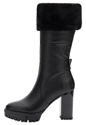 Botte noire en cuir mi-mollet avec manchette en fausse fourrure, talon bloc épais et semelle texturée pour l'hiver.
