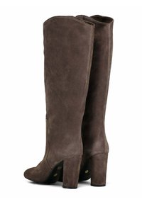 Stivali alti fino al ginocchio in suede marrone con tacco a blocco, punte arrotondate e finitura liscia, visti da un'angolazione tre quarti posteriore.