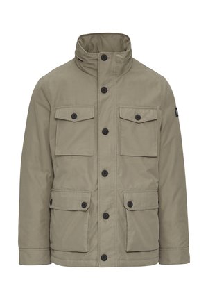 Khaki jas met een hoge kraag, meerdere voorkanten zakken en zwarte knopen. Gemaakt van een duurzame stof met een soepele textuur.