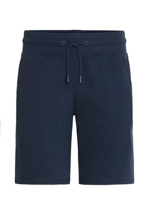 Marinblå bomullsshorts med elastisk midja och dragsko. Har sidofickor och en enkel, slät textur. Minimalistisk design.