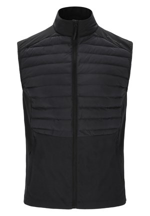 Zwarte mouwloze vest met een gewatteerde voorkant, gladde achterkant, hoge kraag en een ritssluiting aan de voorkant. Gemaakt van lichtgewicht, geïsoleerde stof.