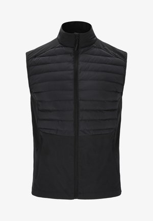 Czarna kamizelka bez rękawów z pikowanym przodem, gładkim tyłem, wysokim kołnierzem i zamkiem błyskawicznym z przodu. Wykonana z lekkiego, izolującego materiału.