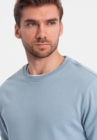 Felpa azzurra chiara con collo rotondo, realizzata in un tessuto morbido. Presenta polsini e colletto a coste, un design leggero e uno stile minimalista.