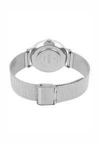 Silbernes Mesh-Armbanduhr mit einem runden Gehäuse aus Edelstahl. Die Rückseite zeigt Markierungen, darunter den Markennamen und Details zum Uhrwerk.