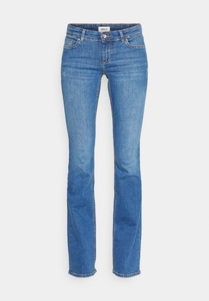 Blue jeans with a slim fit, made of denim fabric. Features include a mid-rise waist, classic five-pocket design, and subtle fading.