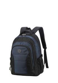 Dark blue and black backpack with padded front, dual zippers, adjustable straps, and side mesh pocket. Durable fabric with minimal accents.