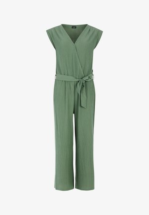 Vihreä, hihaton haalari, jossa on kietaisusuunnittelu, solmittava vyötärö ja leveät lahkeet. Teksturoitu kangas, jossa on hienovaraiset pystysuorat raidat.