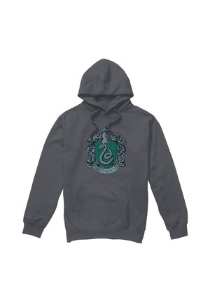 Dark gray hoodie with front pocket featuring a green and silver Slytherin crest with a snake emblem and banner.