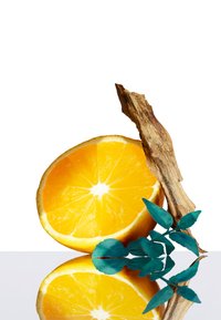 Une demi-orange vive montre des segments juteux ; associée à une branche brune texturée et des feuilles vertes, le tout se reflétant sur une surface blanche.