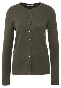 Cardigan vert olive en tissu tricoté doux, avec un col rond, des manches longues et une fermeture centrale à boutons légers.