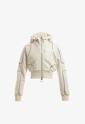 Sudadera corta color crema con capucha, cremallera, puños y dobladillo acanalados, y detalles de ribete oscuro en las mangas y el cuerpo.