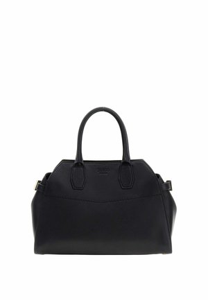 Sac à main structuré en cuir noir avec double poignée, logo discret de la marque à l'avant et accents latéraux en métal doré.