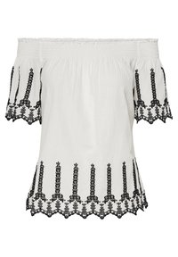 Blouse blanche à épaules dénudées avec broderie florale noire. Comprend des manches courtes et un col froncé. Tissu léger.