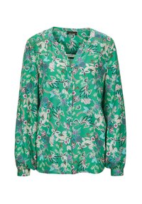 Groene blouse met lange mouwen, voorzien van een bloemenpatroon in roze, paars en wit. De stof heeft een gladde textuur en een knoopsluiting.