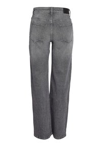 Grey straight-leg denim jeans shown from the back with two patch pockets and a black label on the waistband.