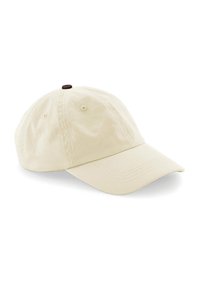Beige Baumwoll-Baseballmütze mit gewölbtem Schirm, gesteppten Details und einem braunen Knopfakzent oben. Robustes Gewebe mit glatter Textur.