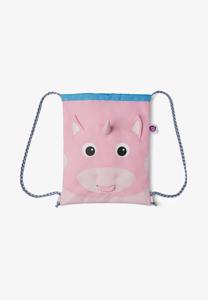Pink drawstring backpack featuring a unicorn design with large eyes, a horn, and ear accents. Made of textured fabric with a blue top.
