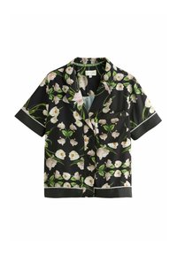 Korte mouw blouse van zwarte stof met een bloemenpatroon, met witte tulpen en groene bladeren, en een borstzakje met kantafwerking.