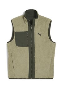 Gilet in pile di colore verde chiaro con tasca con zip, dettagli in verde scuro e colletto alto. Include il logo sul lato sinistro del petto.