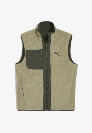 Fleeceová vesta v svetlozelené farbe s vnútorným vreckom na zips, tmavozelenými akcentmi a vysokým golierom. Na ľavej hrudi sa nachádza logo.