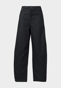 Mørkeblå denim bukser med vide ben og høy midje, med metallknapplukking, beltehemper og klassisk fem-lomme design.