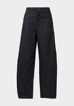 Pantaloni larghi in denim blu scuro con vita alta, caratterizzati da una chiusura con bottone metallico, passanti per la cintura e un classico design a cinque tasche.