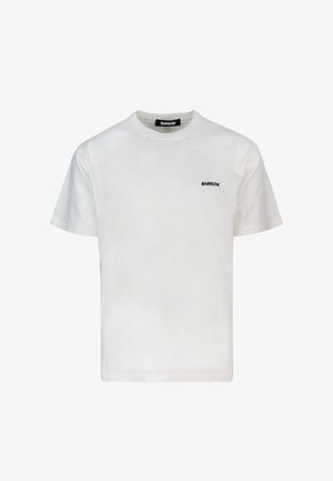 T-shirt bianco in cotone con scollo rotondo, maniche corte e un piccolo logo nero "BARROW" sul petto. Texture liscia e vestibilità classica.