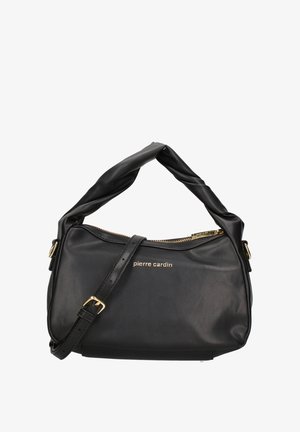 Borsa a tracolla in pelle nera con manico intrecciato, tracolla regolabile, cerniera dorata e logo "pierre cardin" sul davanti.