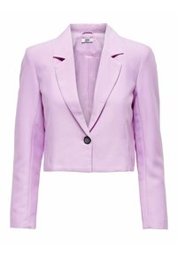 Liila cropped blazer, jossa on pitkät hihat, terävät läpät ja yksi musta nappi. Sileä tekstuuri ja minimalistinen muotoilu.