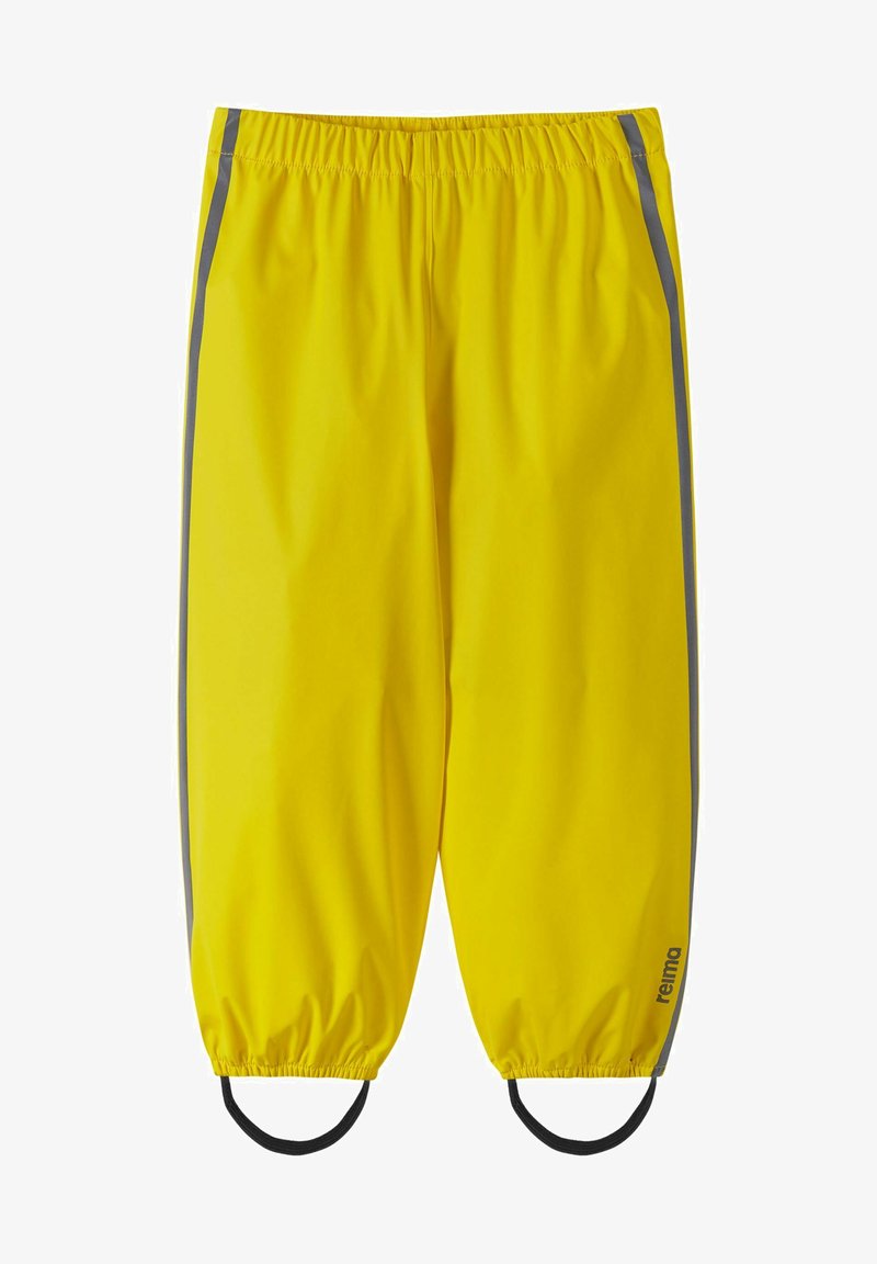 Waterproof yellow pants with elastic waistband, grey side stripes, and black hem loops for secure fit. Smooth, shiny texture throughout.