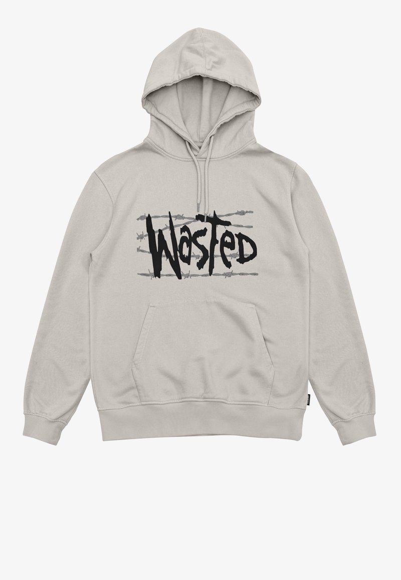 Vaaleanharmaa huppari, jossa musta "Wasted"-logo piikkilanka-ehdoin. Mukana etutasku ja resorit hihansuissa.