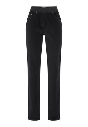 Schwarze Cordhosen mit geradem Bein, versehen mit einem elastischen Bund, vorderen Taschen und kontrastierenden Nähten.