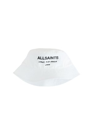 Chapeau bob blanc avec logo noir "ALLSAINTS", texte japonais et "LONDON" imprimés à l'avant.
