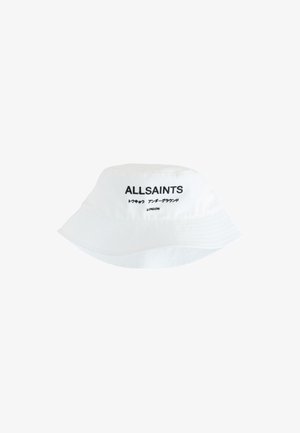 Witte bucket hat met zwart "ALLSAINTS" logo, Japanse tekst en "LONDON" gedrukt op de voorkant.